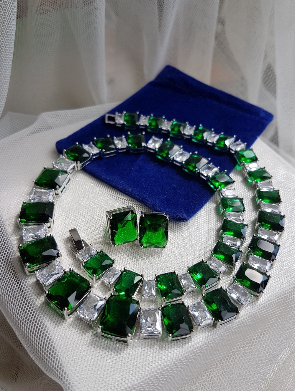 Swarovski Elements Emerald Green & Clear Square Gemstone Statement Necklace NEW